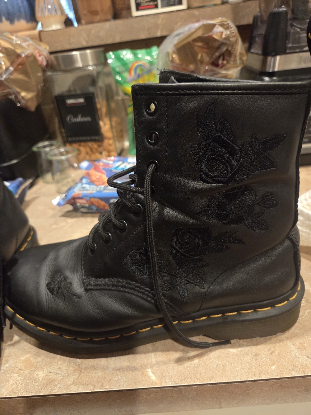Dr. Martens Black Leather Lace-Up Boots with Tonal Rose Embroidery
